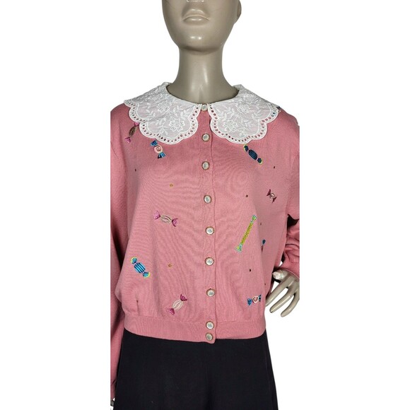 Royal Monk 50s Pink Lace Collar Candy Embroidered Opal Button Cardigan Sweater - Picture 7 of 14